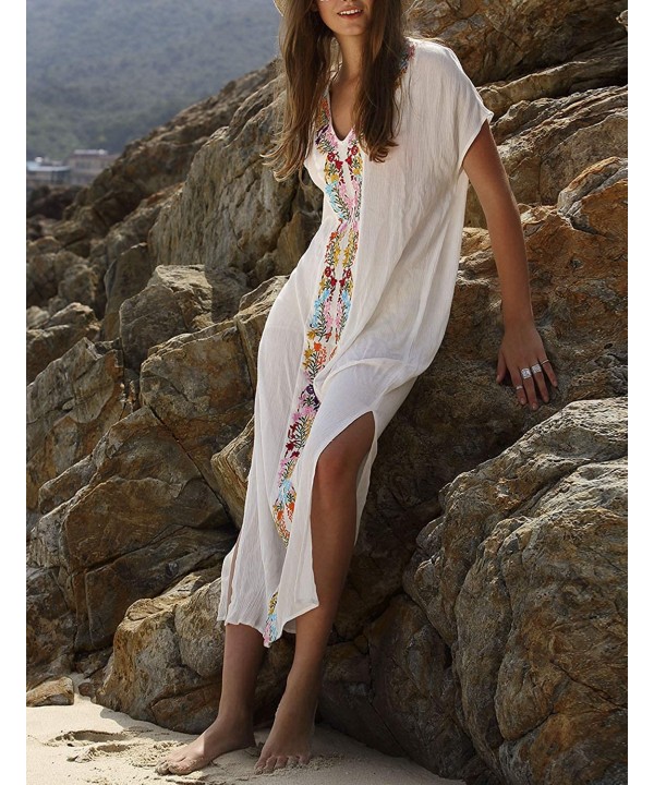 Women Casual V Neck Loose Caftan Long Dress Beach Wear Split Maxi Dress - White 5062 - CU19ES5DY5W $26.33-Cover-Ups