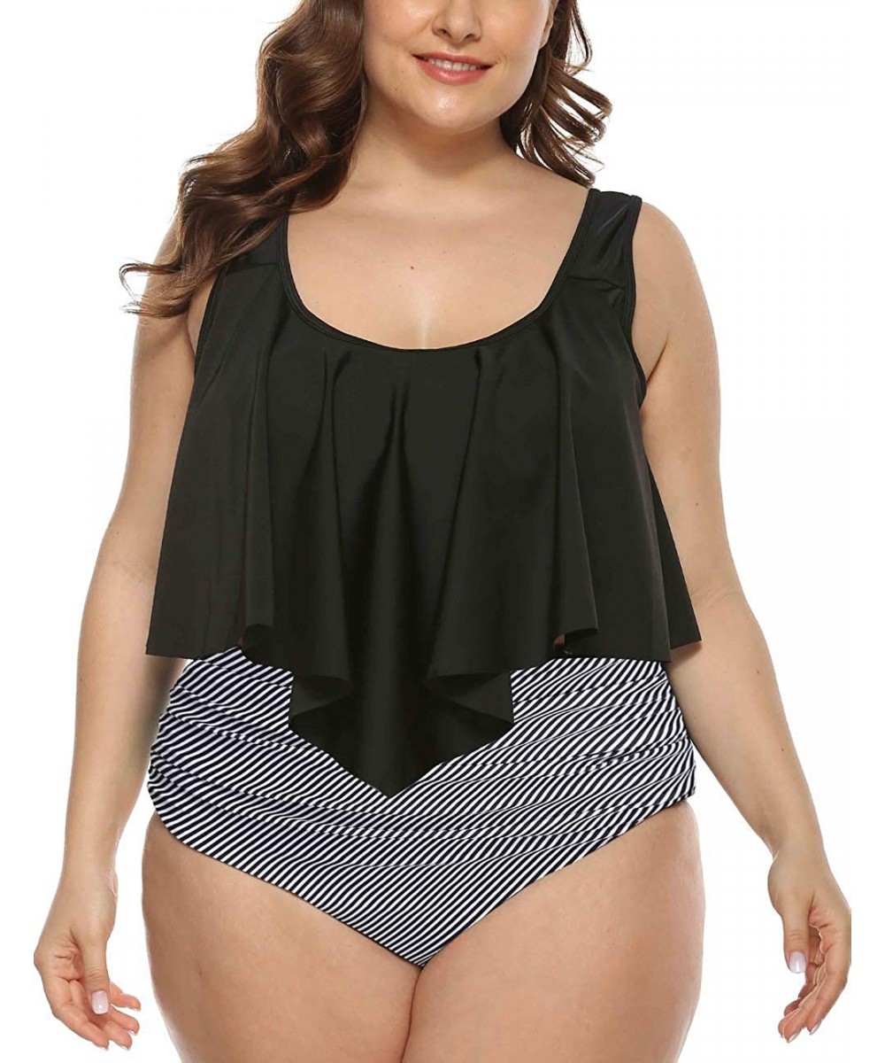 Women's High Waisted Bikini Plus Size Swimsuits Crop Flounce Two Piece Bathing Suits - Black&stripes - CK194X3GMX4 $25.57-Sets