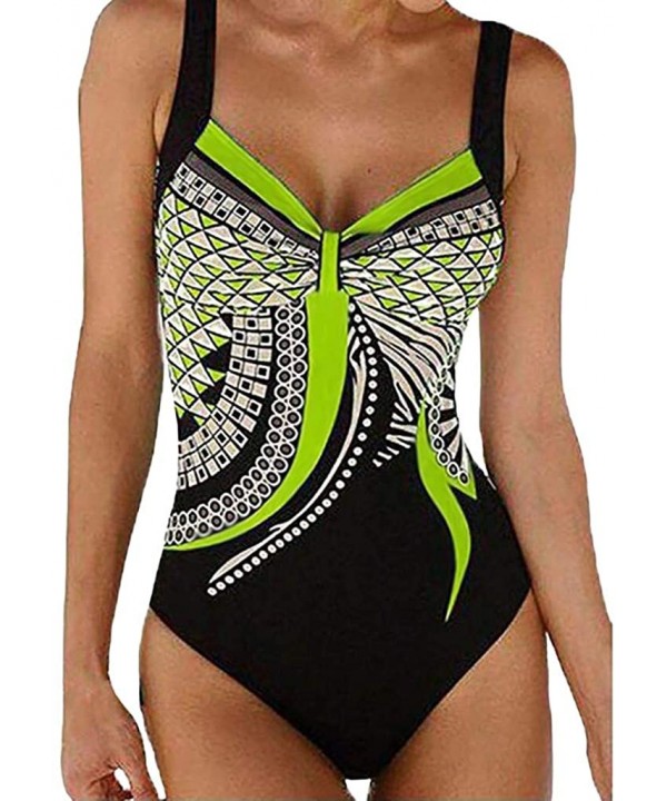 Women One Piece Swimsuit Bikini Set High Neck Plunge Ruched Monokini Sexy Print Swimwear Slimming Bathing Suit Green - CN195A...