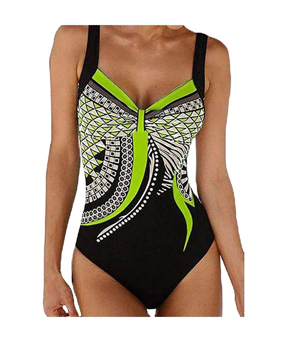 Women One Piece Swimsuit Bikini Set High Neck Plunge Ruched Monokini Sexy Print Swimwear Slimming Bathing Suit Green - CN195A...