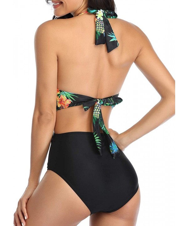 Women Halter One Piece Swimsuit Surplice Neckline High Waisted Monokini Swimwear - Black Tropical - CF193WTOH3A $25.65-One-Pi...