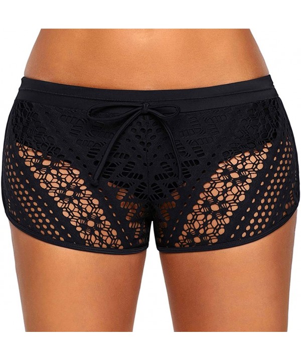 Women Adjustable Drawstring Swim Shorts Hollow Out Lace Sexy Bikini Bottom with Attached Plus Size Swim Shorts S-XXL - Black ...