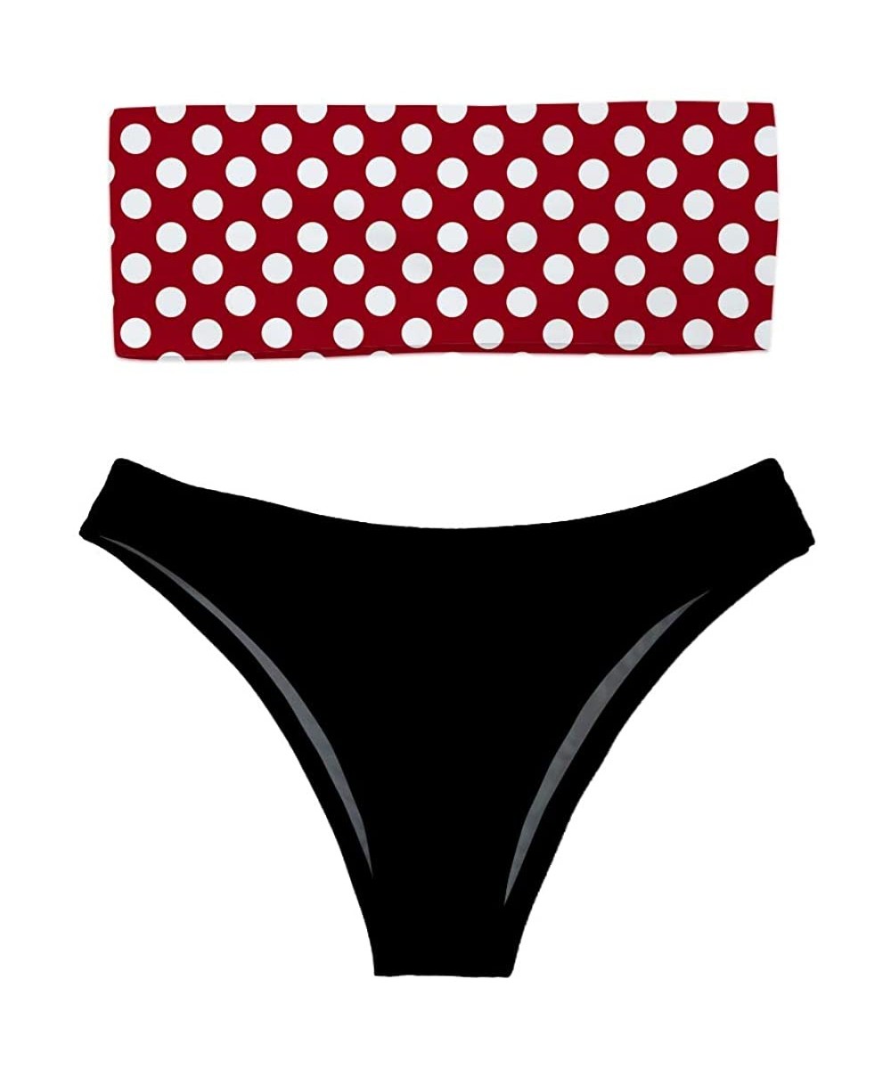 Women 2 Pieces Bandeau Bikini Swimsuit Off Shoulder High Waist Bathing Suit Burgundy Polka Dot With Black Bottom - CQ18QL5TED...