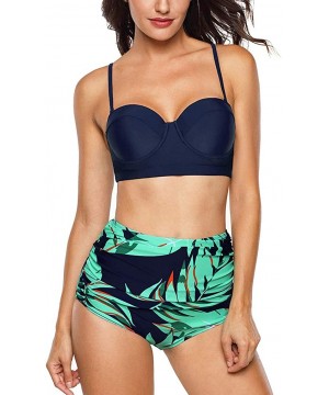 Women Vintage Two Piece Swimsuits High Waisted Bathing Suits with Underwired Top - Old Size-navy+leaf-2 - C518NNNYY5R $40.38-...