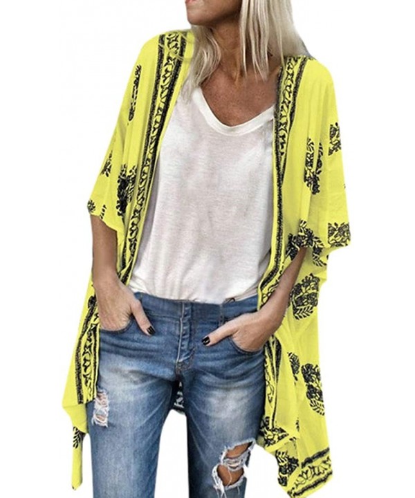 Shawl Blouse- Floral Print Sheer Sun Protection Boho Top Cardigan Cover Ups - Yellow - C118TCWGM0X $14.18-Cover-Ups