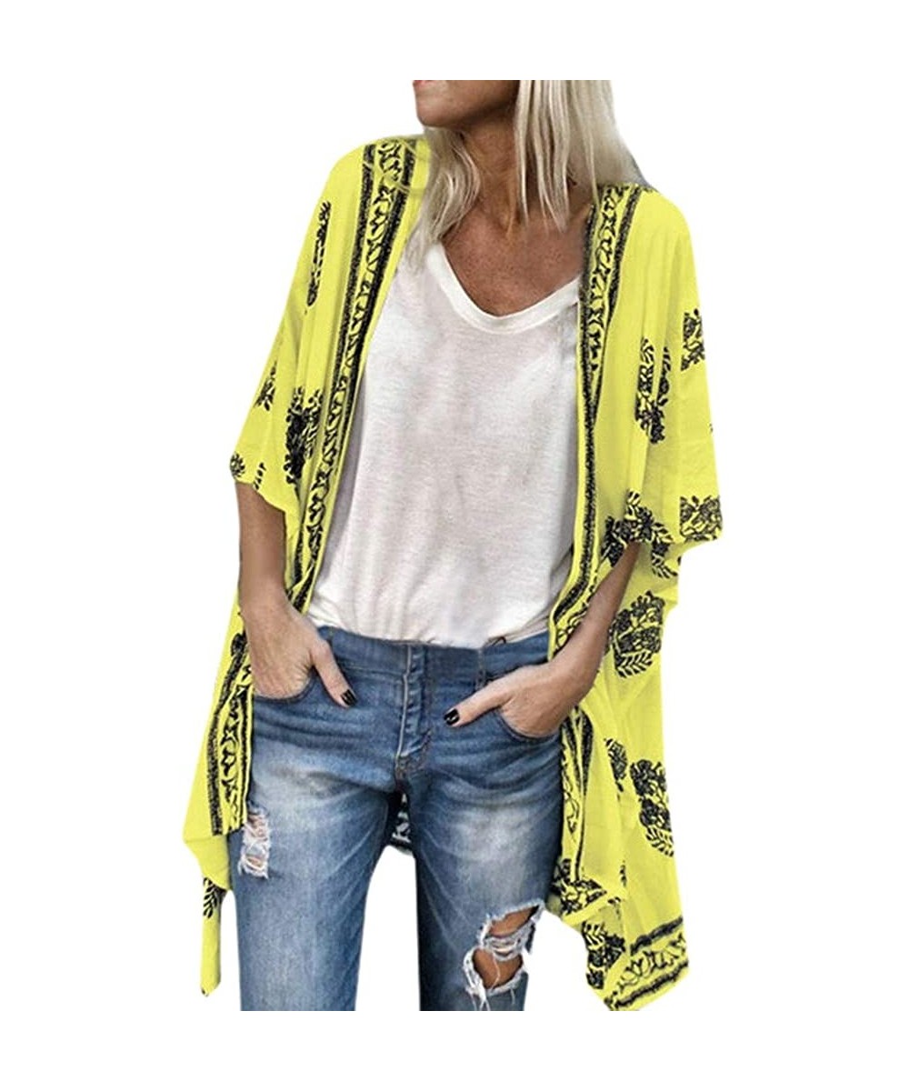 Shawl Blouse- Floral Print Sheer Sun Protection Boho Top Cardigan Cover Ups - Yellow - C118TCWGM0X $14.18-Cover-Ups