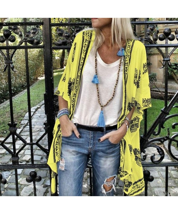 Shawl Blouse- Floral Print Sheer Sun Protection Boho Top Cardigan Cover Ups - Yellow - C118TCWGM0X $14.18-Cover-Ups