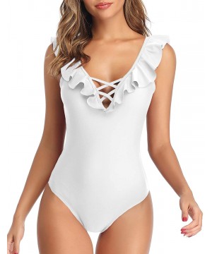 Women One Piece Swimsuit Ruffle Flounce Bathing Suit Deep V Neck Lace Up Swimwear - White - CN196AI2OHR $27.25-One-Pieces