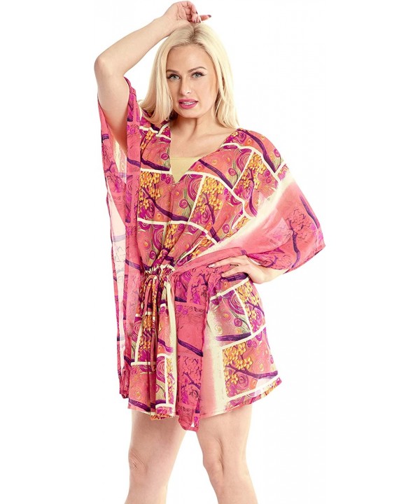 Women's Mini Caftan Swimsuit Cover Ups Dress for Swimwear Drawstring A - Pink_y657 - CX18OCSSQEK $26.15-Cover-Ups