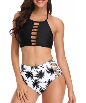 High Waisted Swimsuits for Women Halter Two Piece Bathing Suits Push Up Bikini Top Lace Up Swimwear - Black - C918UN07ODG $22...