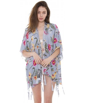 Boho Kimono Cardigan Blouse Top Summer Evening Cover-up - Pale Teal Floral Print - C918DW5ZKEY $10.08-Cover-Ups