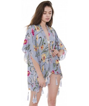 Boho Kimono Cardigan Blouse Top Summer Evening Cover-up - Pale Teal Floral Print - C918DW5ZKEY $10.08-Cover-Ups