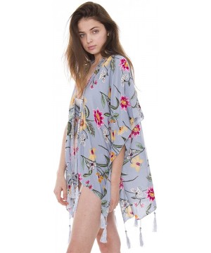 Boho Kimono Cardigan Blouse Top Summer Evening Cover-up - Pale Teal Floral Print - C918DW5ZKEY $10.08-Cover-Ups