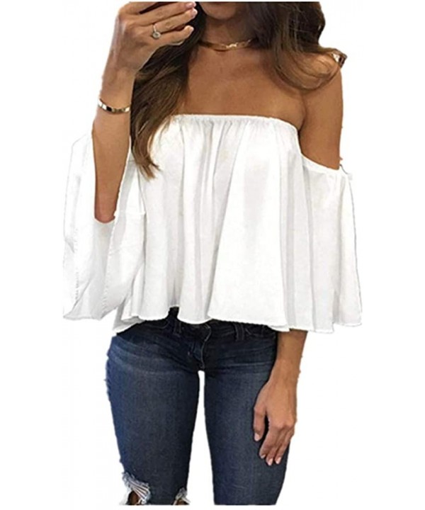 Off Shoulder Blouses for Womens- Floral Stripe Bell Sleeve Baggy Tie Knot Tops Casual Shirts - White - CG18MH6D2SN $16.76-Bot...