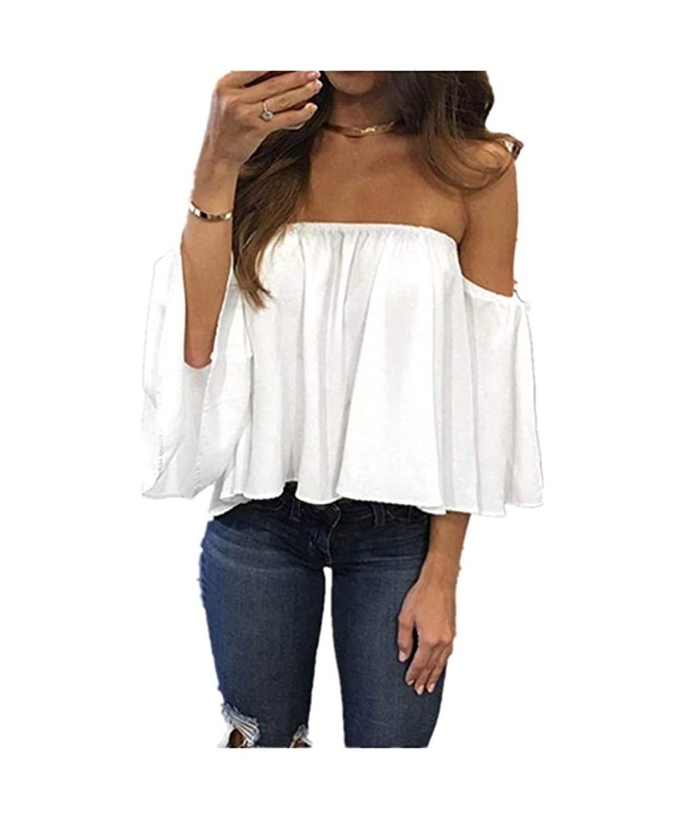 Off Shoulder Blouses for Womens- Floral Stripe Bell Sleeve Baggy Tie Knot Tops Casual Shirts - White - CG18MH6D2SN $16.76-Bot...