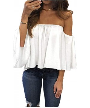 Off Shoulder Blouses for Womens- Floral Stripe Bell Sleeve Baggy Tie Knot Tops Casual Shirts - White - CG18MH6D2SN $16.76-Bot...