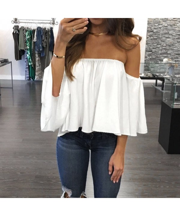 Off Shoulder Blouses for Womens- Floral Stripe Bell Sleeve Baggy Tie Knot Tops Casual Shirts - White - CG18MH6D2SN $16.76-Bot...