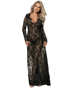 Lingerie for Women Plus Size Floral Lace Long Maxi Beach Dress Swimwear Bikini Cover Ups Gown Lingerie Dress Black - CC18RXKG...