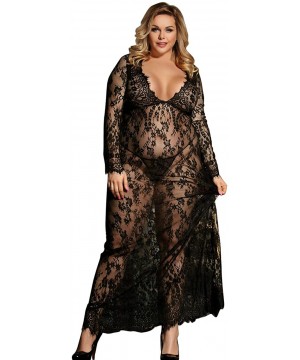 Lingerie for Women Plus Size Floral Lace Long Maxi Beach Dress Swimwear Bikini Cover Ups Gown Lingerie Dress Black - CC18RXKG...