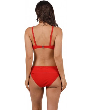 Womens Two Piece Triangle Bikini Set Lace Up Ribbed Underwear Ruched Sexy Swimsuit - Red - CC18NLZI9EQ $9.34-Sets