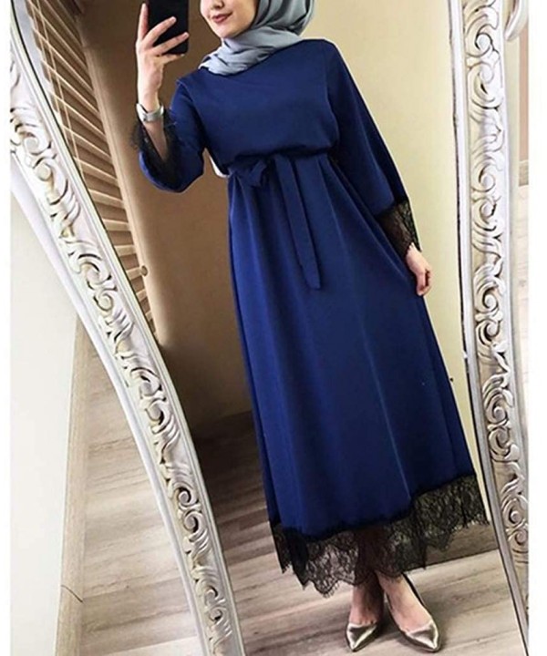 Vestidos Womens 2019 Muslim Dress Ramadan Dubai Kaftan Lace Hem Dress Abaya Islamic Clothing Gown Jalabiyas Blue - CD18RZWM0Q...