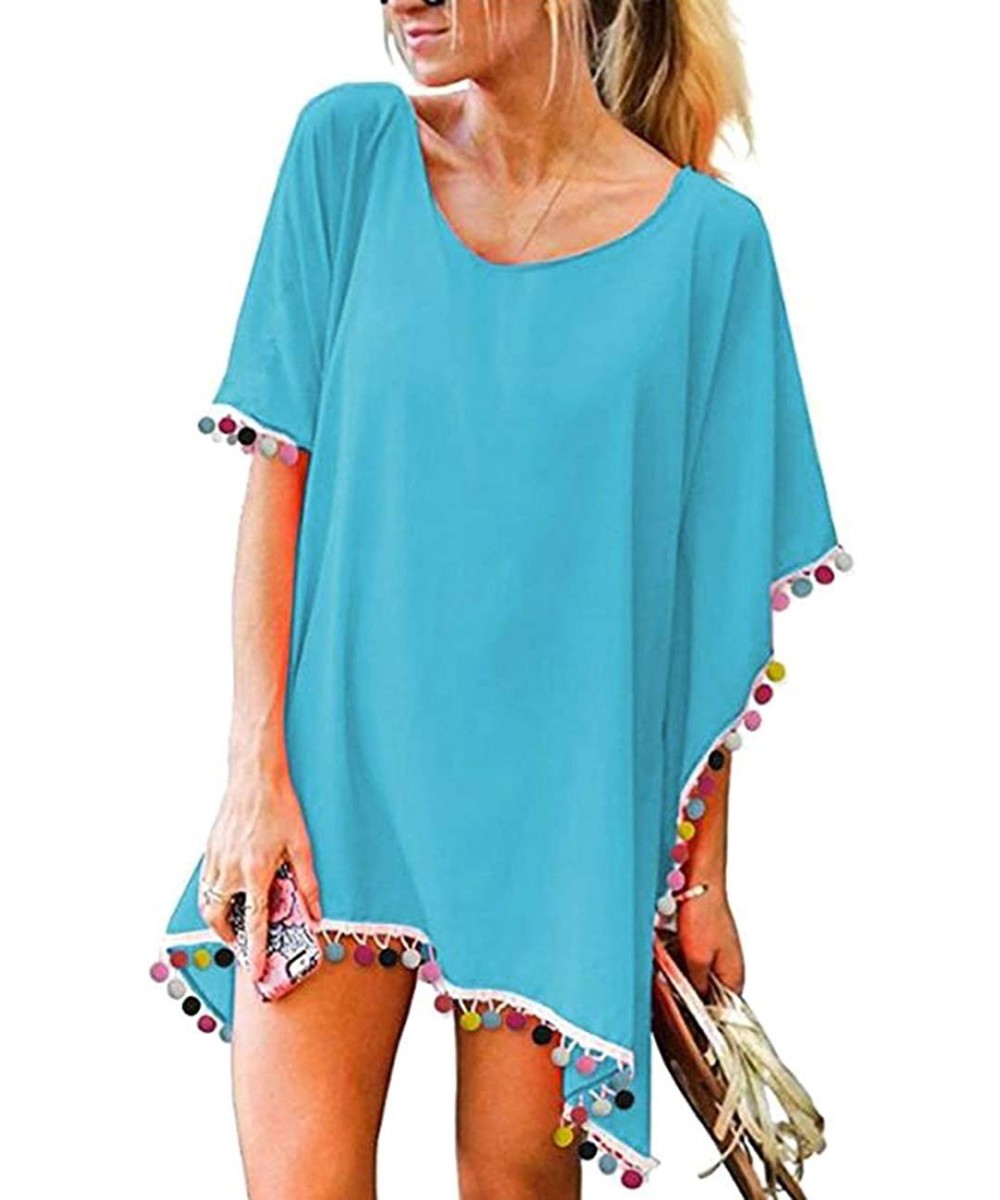 Women's Pompom Tassel Swim Cover Ups for Beach Bikini Swimsuit Sun Kaftan Shirt Dress - Light Blue - CI190ATLS0O $11.98-Cover...