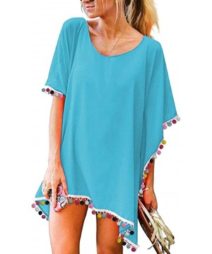 Women's Pompom Tassel Swim Cover Ups for Beach Bikini Swimsuit Sun Kaftan Shirt Dress - Light Blue - CI190ATLS0O $11.98-Cover...