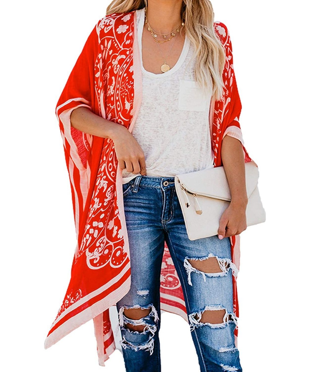 Women's Printed Fashion Kimono Tassel Casual Beach Loose Cover Up - 1-a-red - CV192ZRKE8R $21.43-Cover-Ups