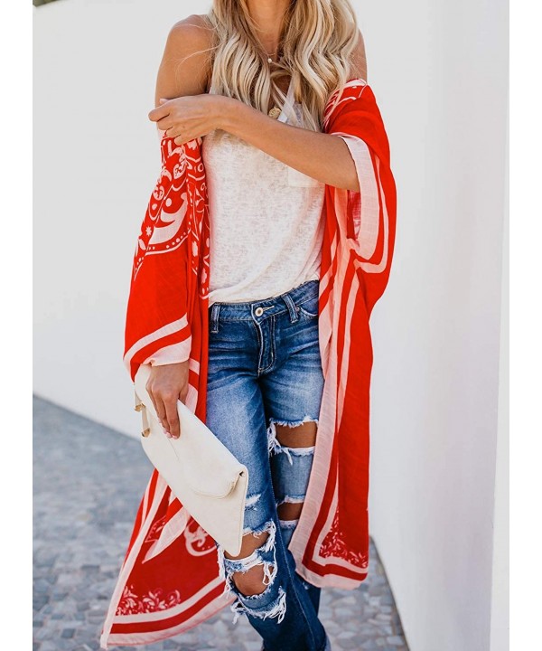 Women's Printed Fashion Kimono Tassel Casual Beach Loose Cover Up - 1-a-red - CV192ZRKE8R $21.43-Cover-Ups