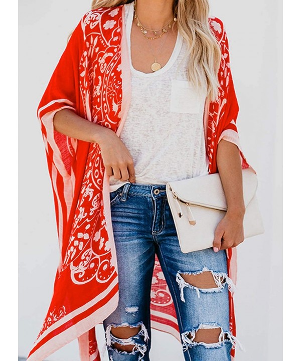 Women's Printed Fashion Kimono Tassel Casual Beach Loose Cover Up - 1-a-red - CV192ZRKE8R $21.43-Cover-Ups