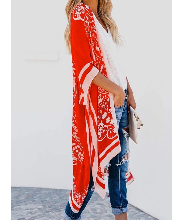 Women's Printed Fashion Kimono Tassel Casual Beach Loose Cover Up - 1-a-red - CV192ZRKE8R $21.43-Cover-Ups