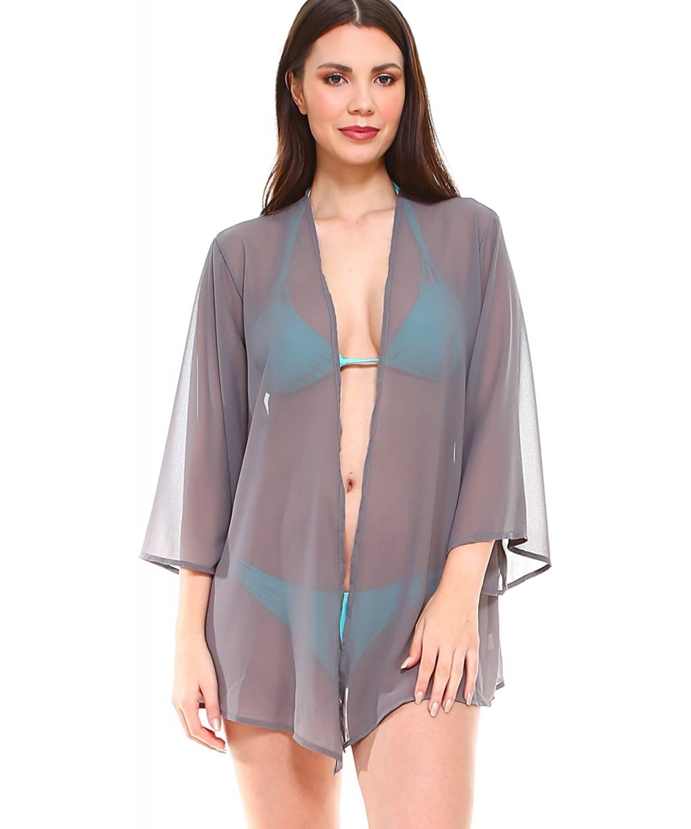 Women Sheer Loose fit Chiffon Kimono Sleeve Open Cardigan and Cover up - Solid Grey - C318UEDWQNG $16.54-Cover-Ups