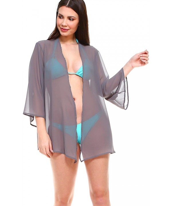 Women Sheer Loose fit Chiffon Kimono Sleeve Open Cardigan and Cover up - Solid Grey - C318UEDWQNG $16.54-Cover-Ups