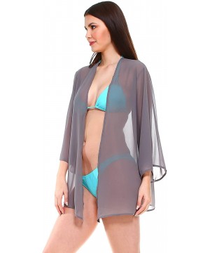 Women Sheer Loose fit Chiffon Kimono Sleeve Open Cardigan and Cover up - Solid Grey - C318UEDWQNG $16.54-Cover-Ups