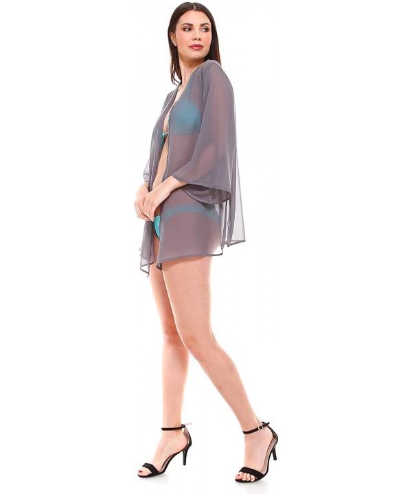 Women Sheer Loose fit Chiffon Kimono Sleeve Open Cardigan and Cover up - Solid Grey - C318UEDWQNG $16.54-Cover-Ups