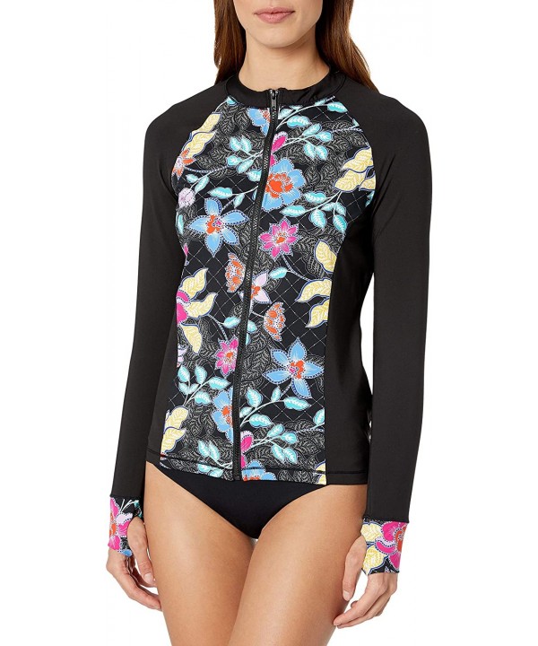 Women's Front Zip Long Sleeve Swim Shirt - Black//Folk Garden Patch - CX18Y5E4CSC $50.91-Rash Guards