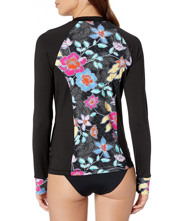 Women's Front Zip Long Sleeve Swim Shirt - Black//Folk Garden Patch - CX18Y5E4CSC $50.91-Rash Guards