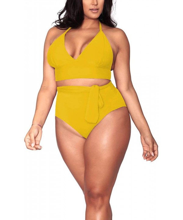 Women's Halter Plus Size Two Piece Swimsuits High Waisted Bikini Set Swimwear - 01-yellow - C11953HWILH $25.84-Sets