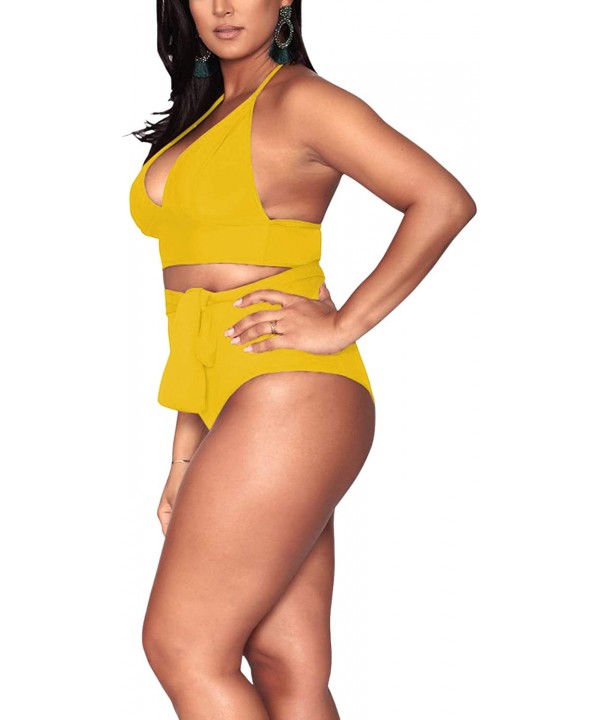 Women's Halter Plus Size Two Piece Swimsuits High Waisted Bikini Set Swimwear - 01-yellow - C11953HWILH $25.84-Sets