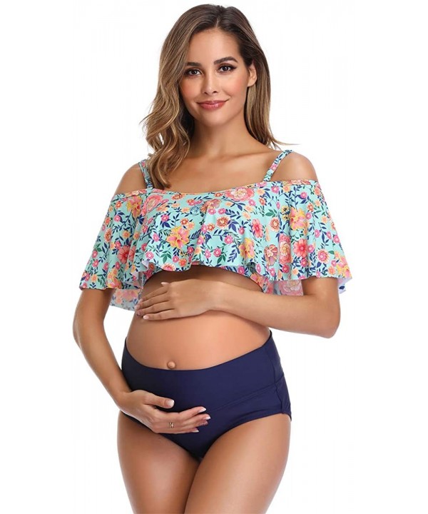 Womens Maternity Bikini Flounce Printed High Waisted Two Piece Swimsuit - Green - CZ18SMR3AX4 $33.88-Sets