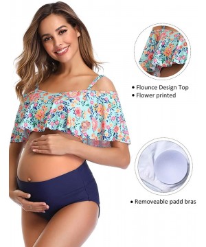 Womens Maternity Bikini Flounce Printed High Waisted Two Piece Swimsuit - Green - CZ18SMR3AX4 $33.88-Sets