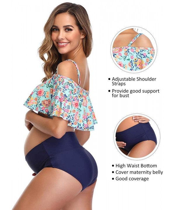 Womens Maternity Bikini Flounce Printed High Waisted Two Piece Swimsuit - Green - CZ18SMR3AX4 $33.88-Sets