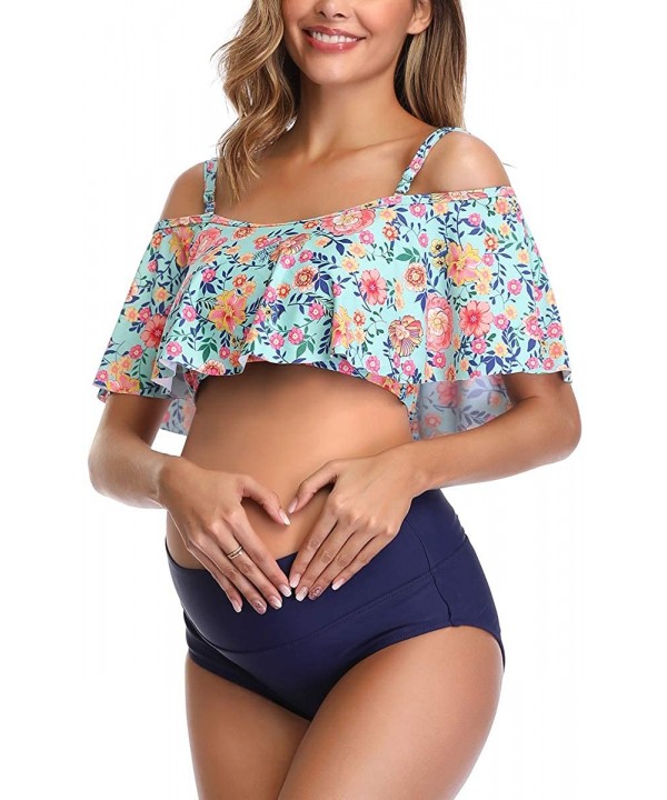 Womens Maternity Bikini Flounce Printed High Waisted Two Piece Swimsuit - Green - CZ18SMR3AX4 $33.88-Sets