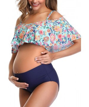 Womens Maternity Bikini Flounce Printed High Waisted Two Piece Swimsuit - Green - CZ18SMR3AX4 $33.88-Sets