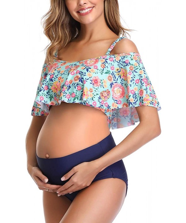 Womens Maternity Bikini Flounce Printed High Waisted Two Piece Swimsuit - Green - CZ18SMR3AX4 $33.88-Sets