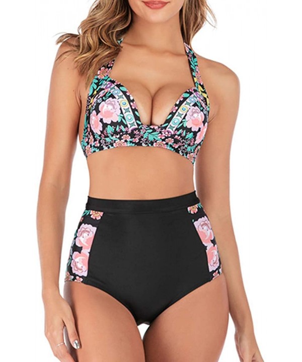 Women's 2 Piece Swimsuits Floral Print Halter High Waisted Bikini Sets - Black - C912EEO705H $15.50-Sets