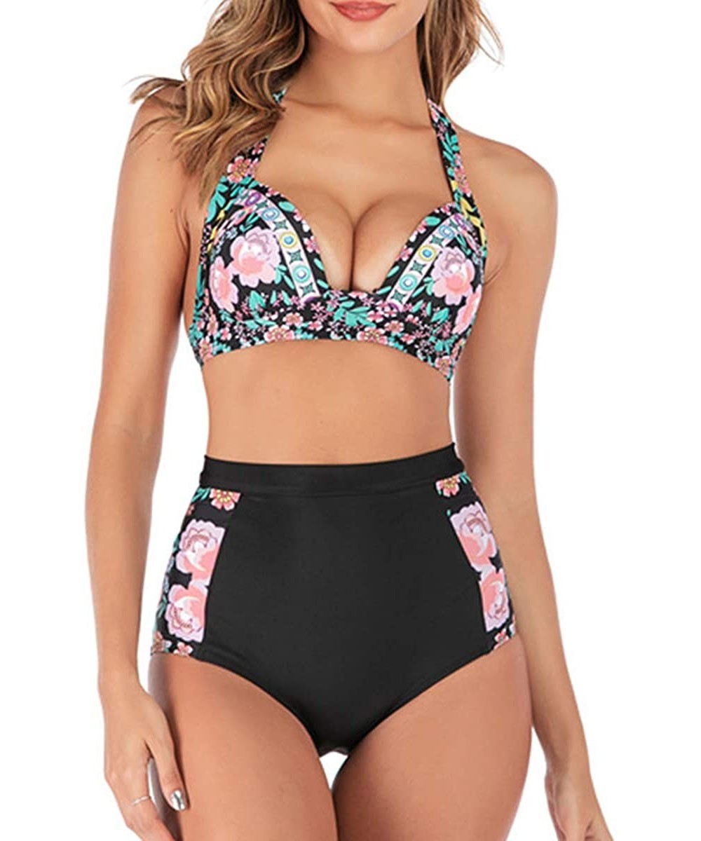 Women's 2 Piece Swimsuits Floral Print Halter High Waisted Bikini Sets - Black - C912EEO705H $15.50-Sets