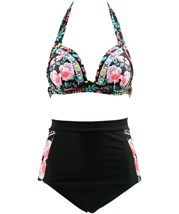 Women's 2 Piece Swimsuits Floral Print Halter High Waisted Bikini Sets - Black - C912EEO705H $15.50-Sets