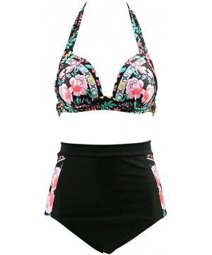 Women's 2 Piece Swimsuits Floral Print Halter High Waisted Bikini Sets - Black - C912EEO705H $15.50-Sets