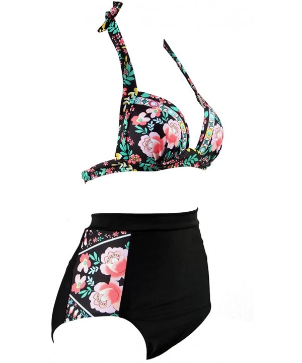 Women's 2 Piece Swimsuits Floral Print Halter High Waisted Bikini Sets - Black - C912EEO705H $15.50-Sets